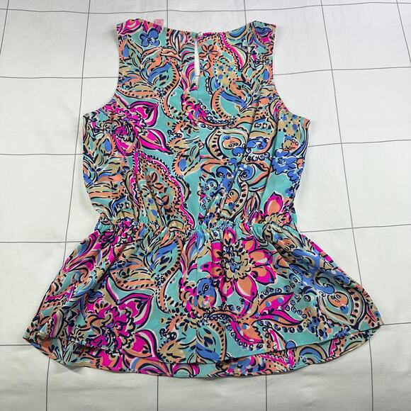 Lilly Pulitzer Top Womens Small Blue Pink Dune Bait & Switch Silk Preppy Peplum - Picture 3 of 9